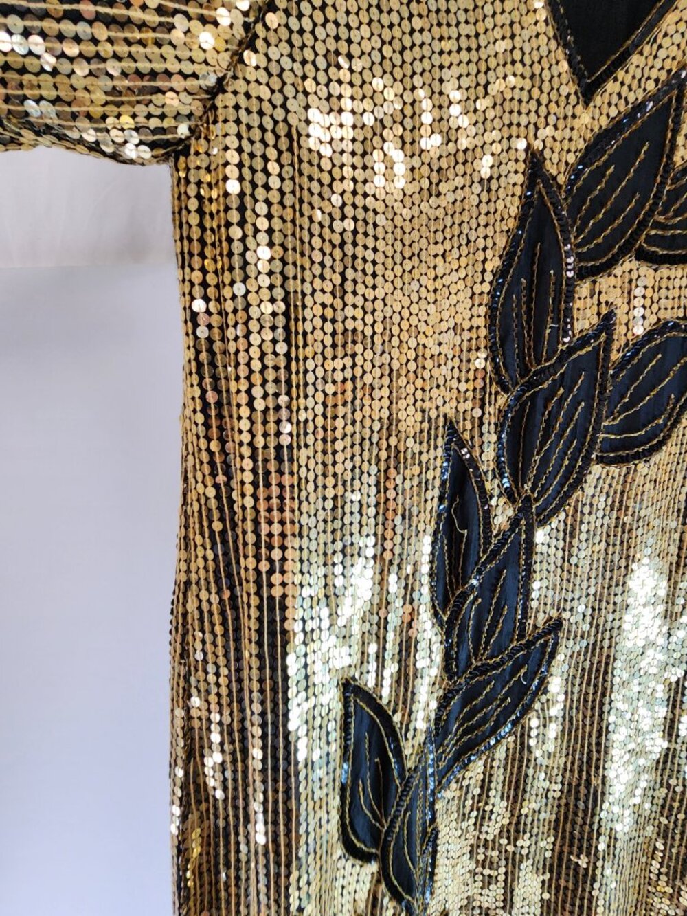 Vintage Black Silk / Gold Sequin Midi Dress 1980s Leaf Pattern - Picture 2 of 12